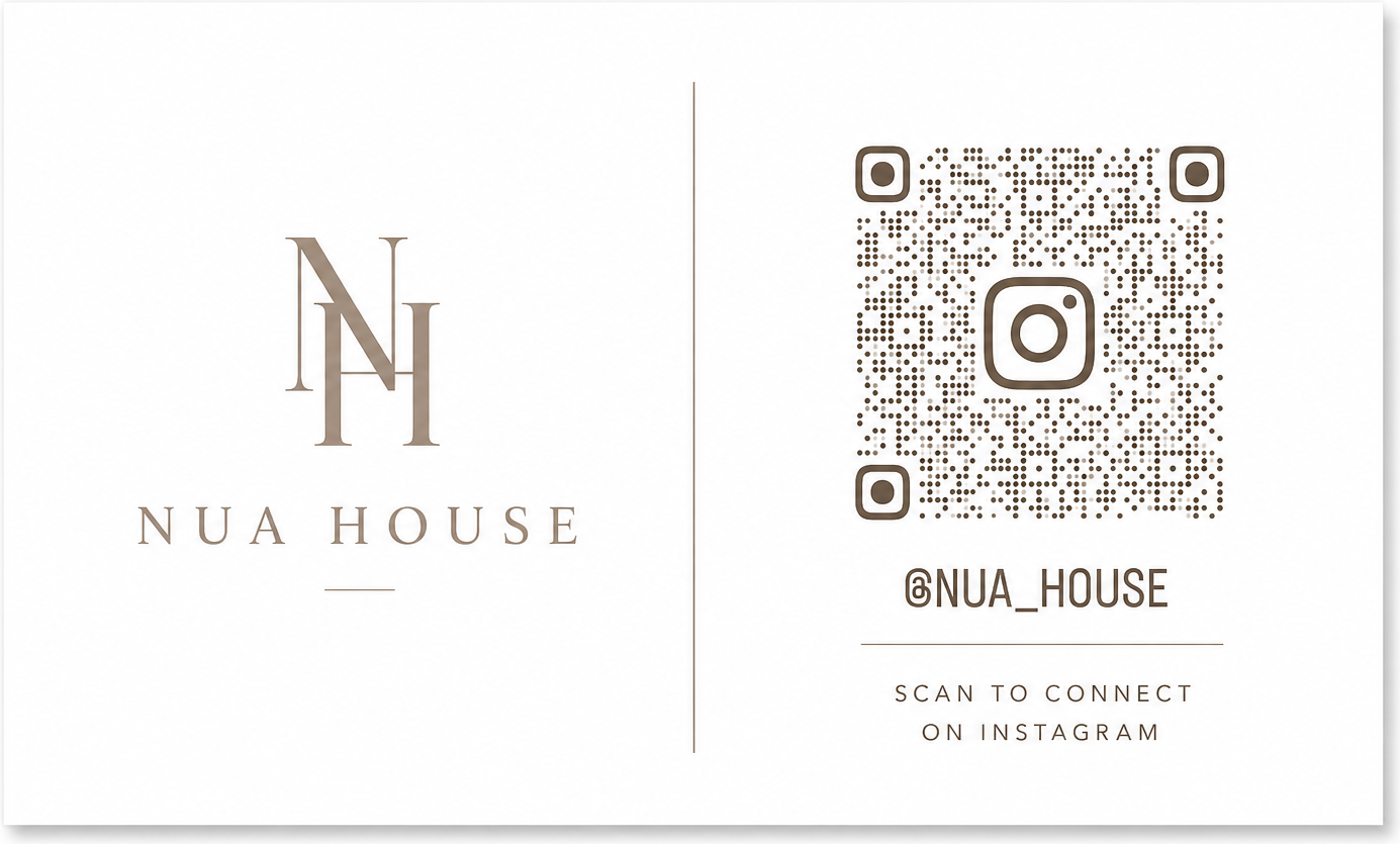 Nua House business card front and back with Instagram QR code