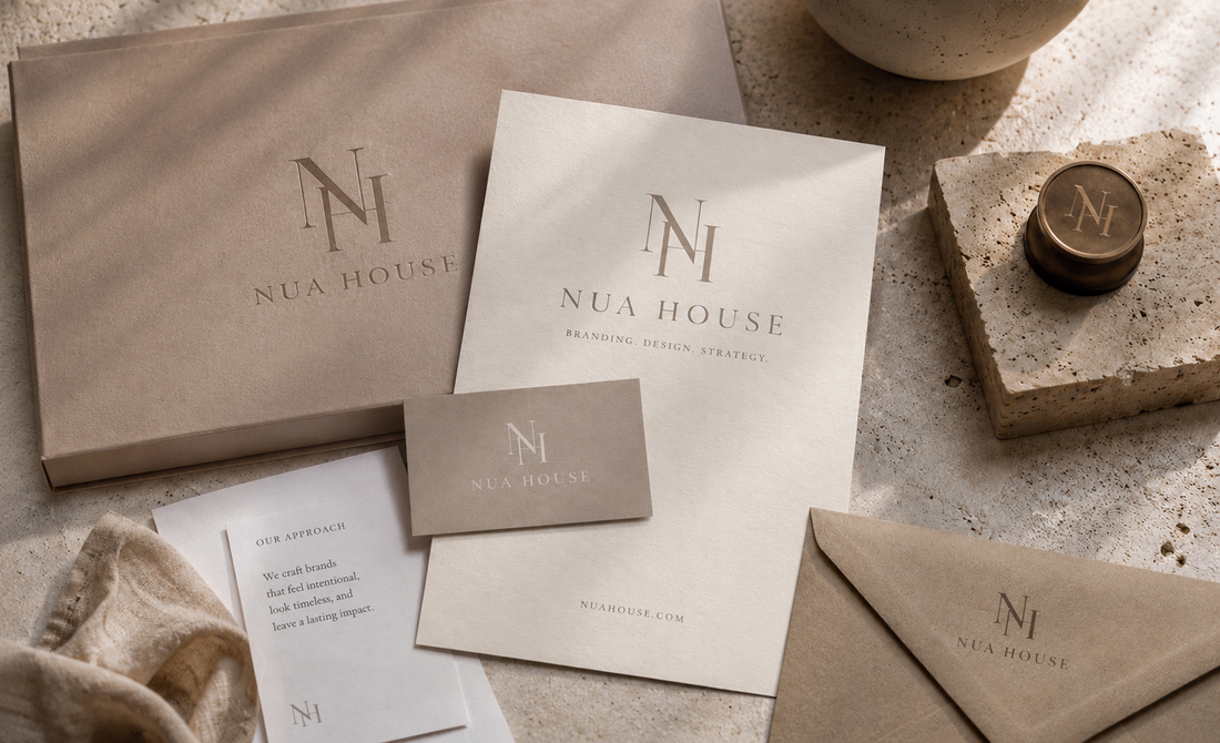 Nua House branding kit flatlay — folder, notecard, business card, wax seal, and envelope