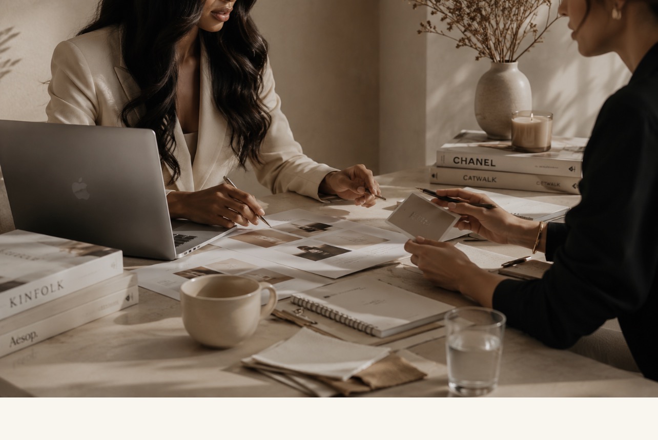 Two designers reviewing brand mood boards and mockups at a styled desk