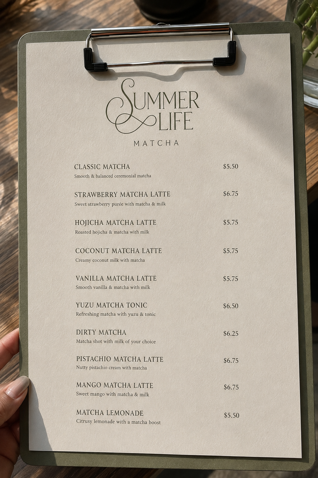 Summer Life Matcha printed menu on a clipboard