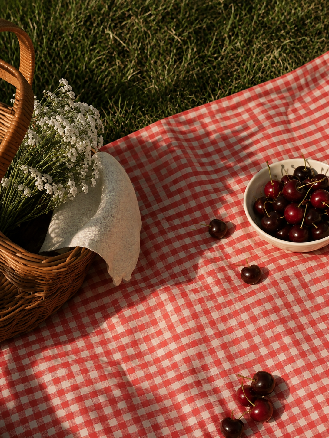 Picnic basket with flowers beside a bowl of cherries on a gingham blanket