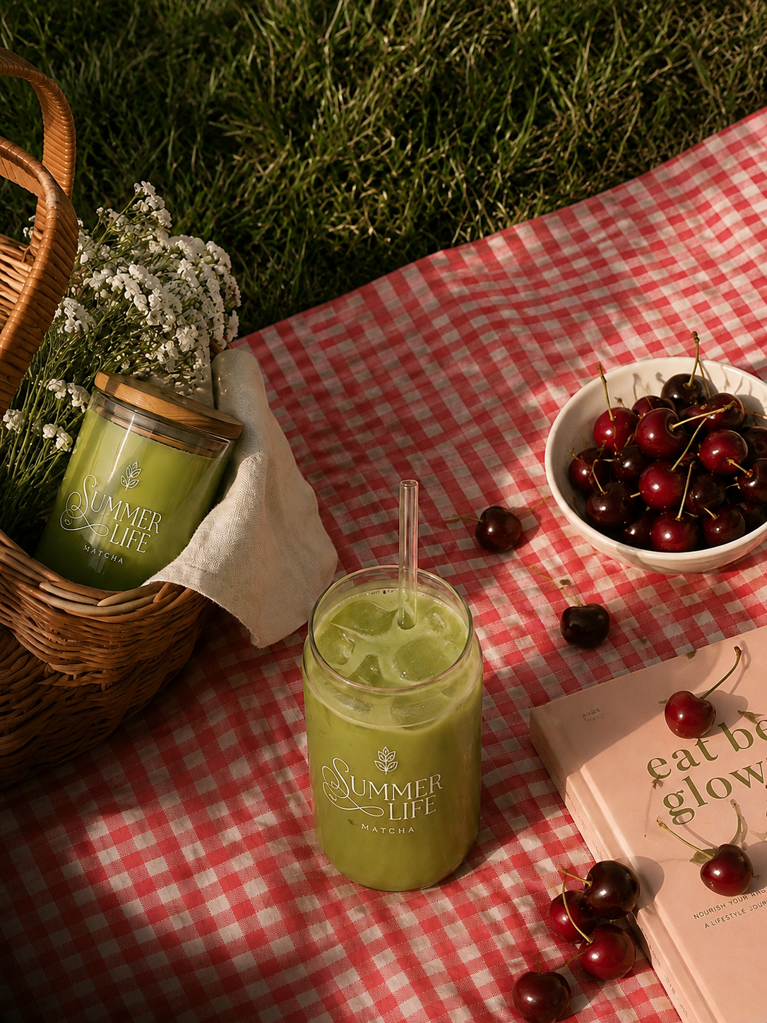 Woman sipping a Summer Life Matcha on a picnic blanket